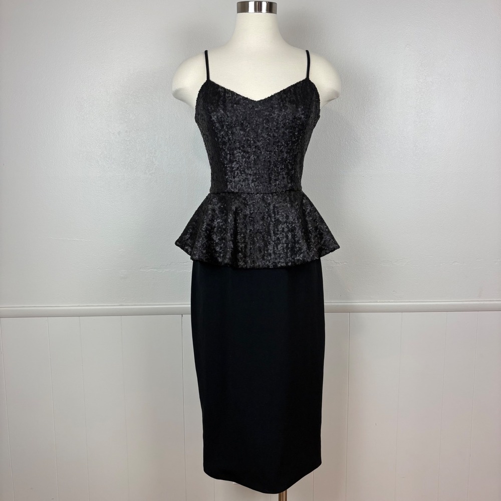 Dress the Population Joan Midi Peplum Cocktail Dress Size M Sequin Top Classic